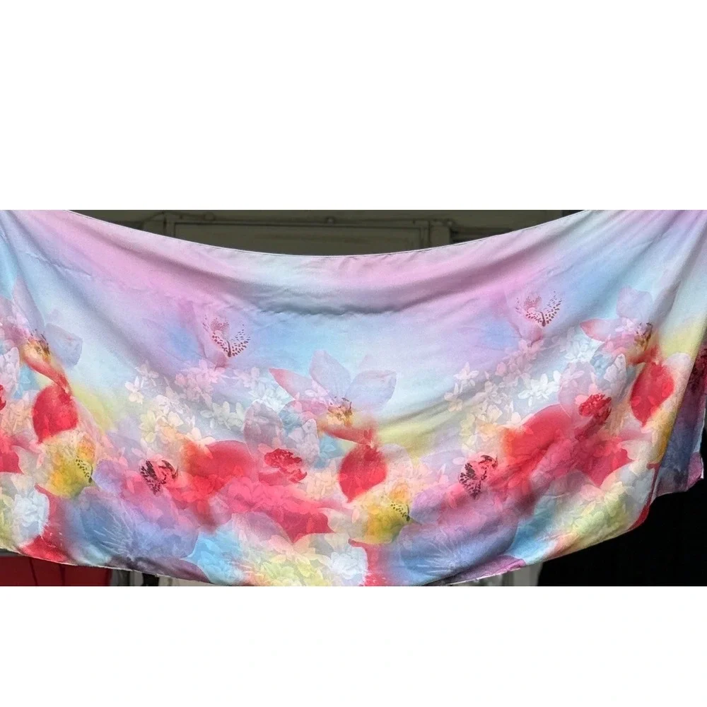 100% Silk Oversized Floral Scarf Wrap 62x28 Reversible Vibrant Botanical